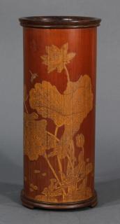 Appraisal: Chinese Bamboo Vase Chinese bamboo and wood vase the tall