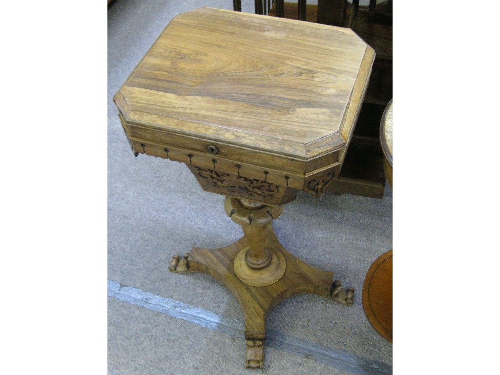 Appraisal: Victorian rosewood work table on pedestal base on scrolling feet