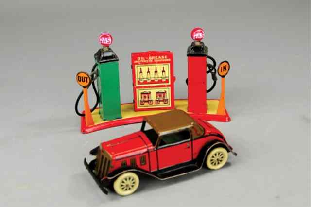 Appraisal: BRIGHTLITE GAS PUMP AND COUPE Lithographed tin battery operated gas