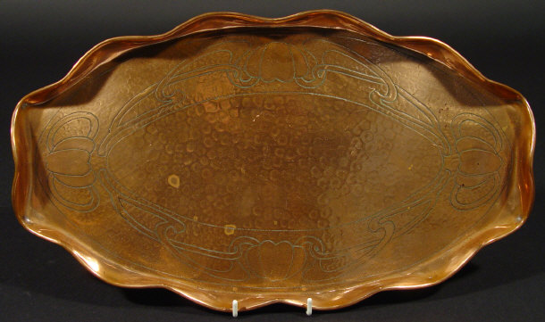 Appraisal: Oval Art Nouveau copper tray with fluted rim and hammered