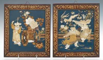 Appraisal: A Pair of Oriental Lacquer Panels with Inlay A pair