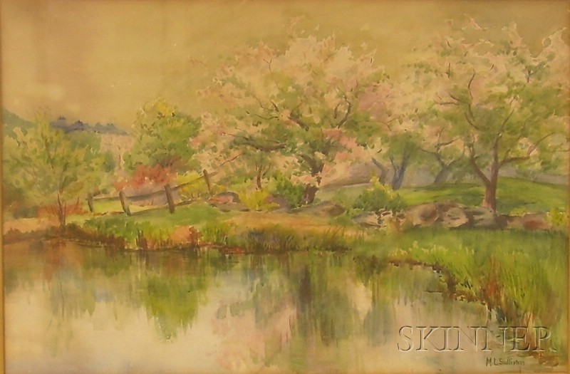 Appraisal: American School th Century Blossoming Trees by the River Signed