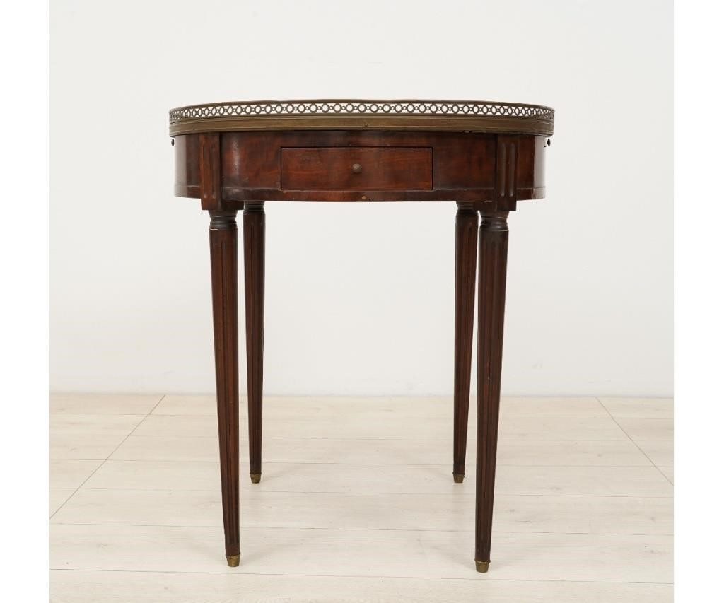 Appraisal: French round marbletop fruitwood end table with two dawers and