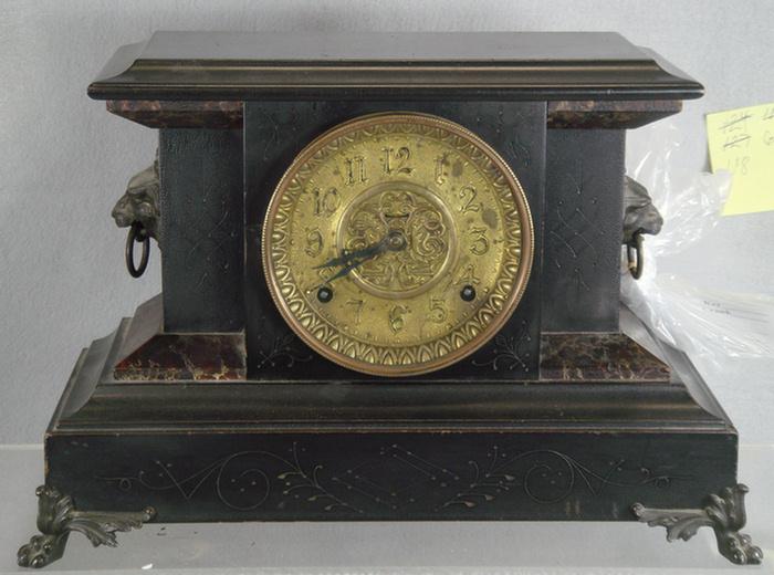 Appraisal: Ingraham black wood mantle clock embossed brass dial pendulum h