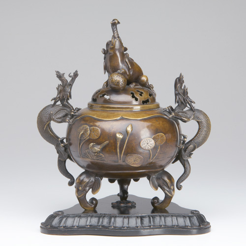 Appraisal: JAPANESE BRONZE Censer with two sculptural dragon handles elephant finial