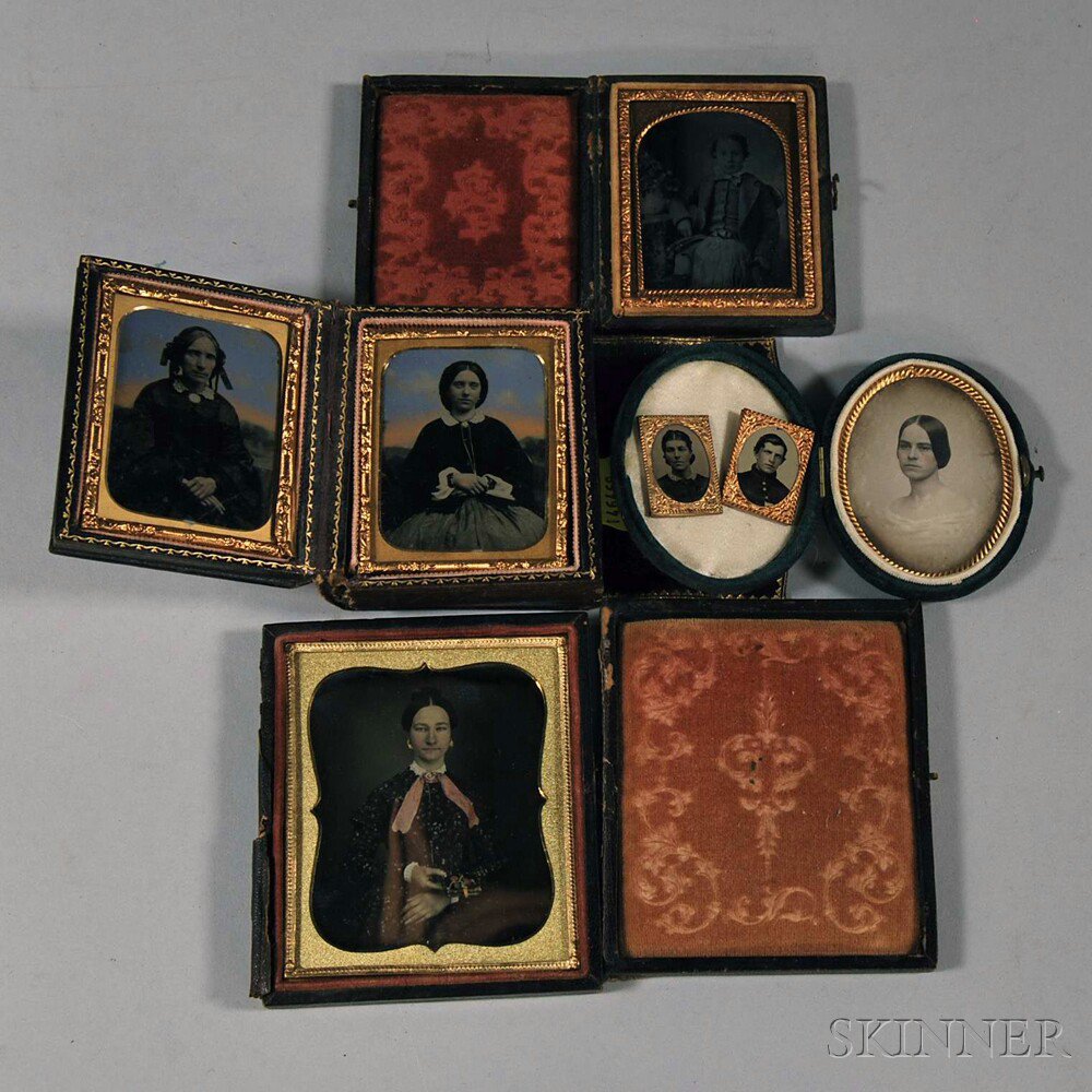 Appraisal: Four Cases with Nine Photographic Portraits a sixth-plate daguerreotype portrait