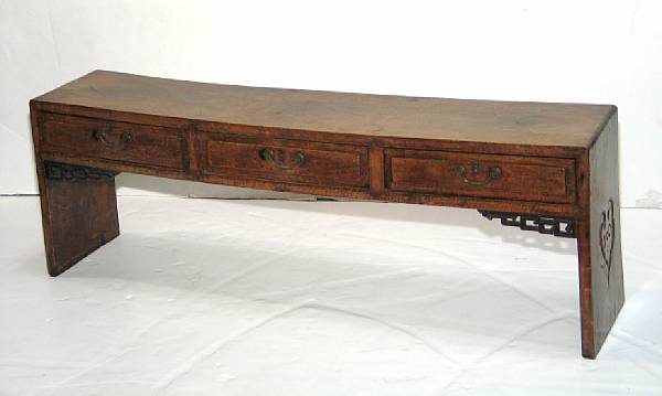 Appraisal: A hardwood three-drawer low table Late th Century The sides