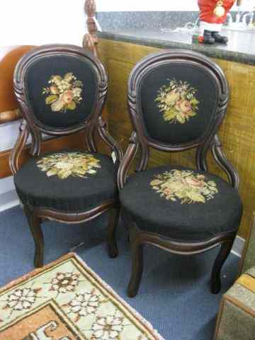 Appraisal: Pair of Victorian Needlepoint Side Chairs balloon back carved