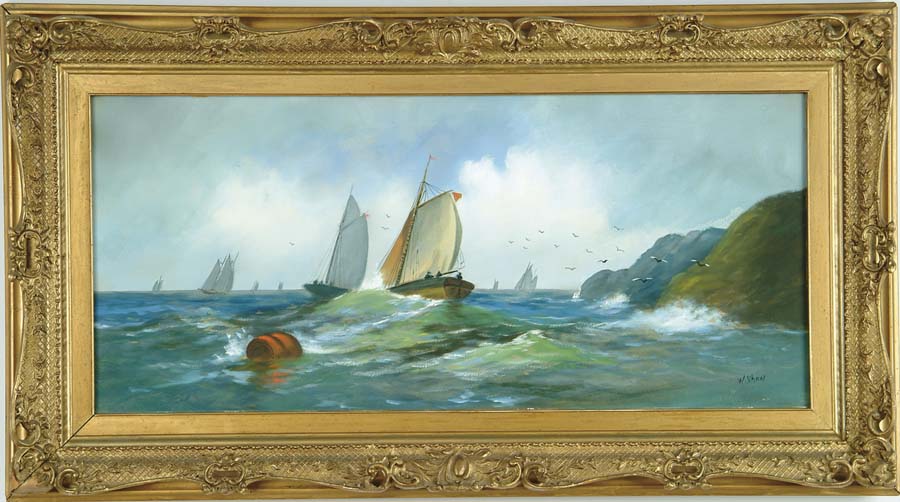 Appraisal: W SHAW American British th th Century SAILBOATS OFF ROCKY