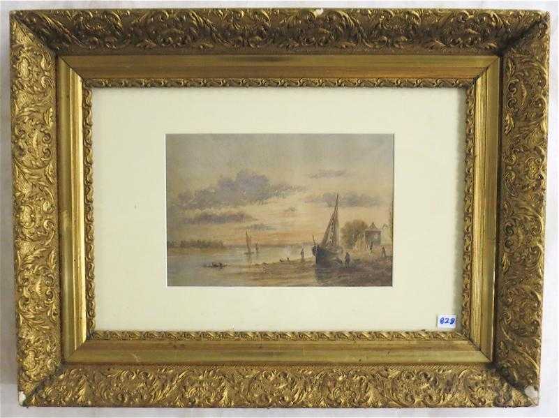 Appraisal: EUROPEAN WATERCOLOR ON PAPER river landscape with figures repairing a