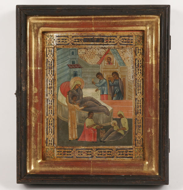 Appraisal: Russian icon Nativity scene with gilt border in kiot frame