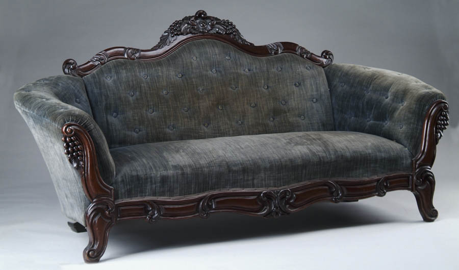 Appraisal: VICTORIAN GRAPE CARVED SOFA Fine carved crest has two bunches