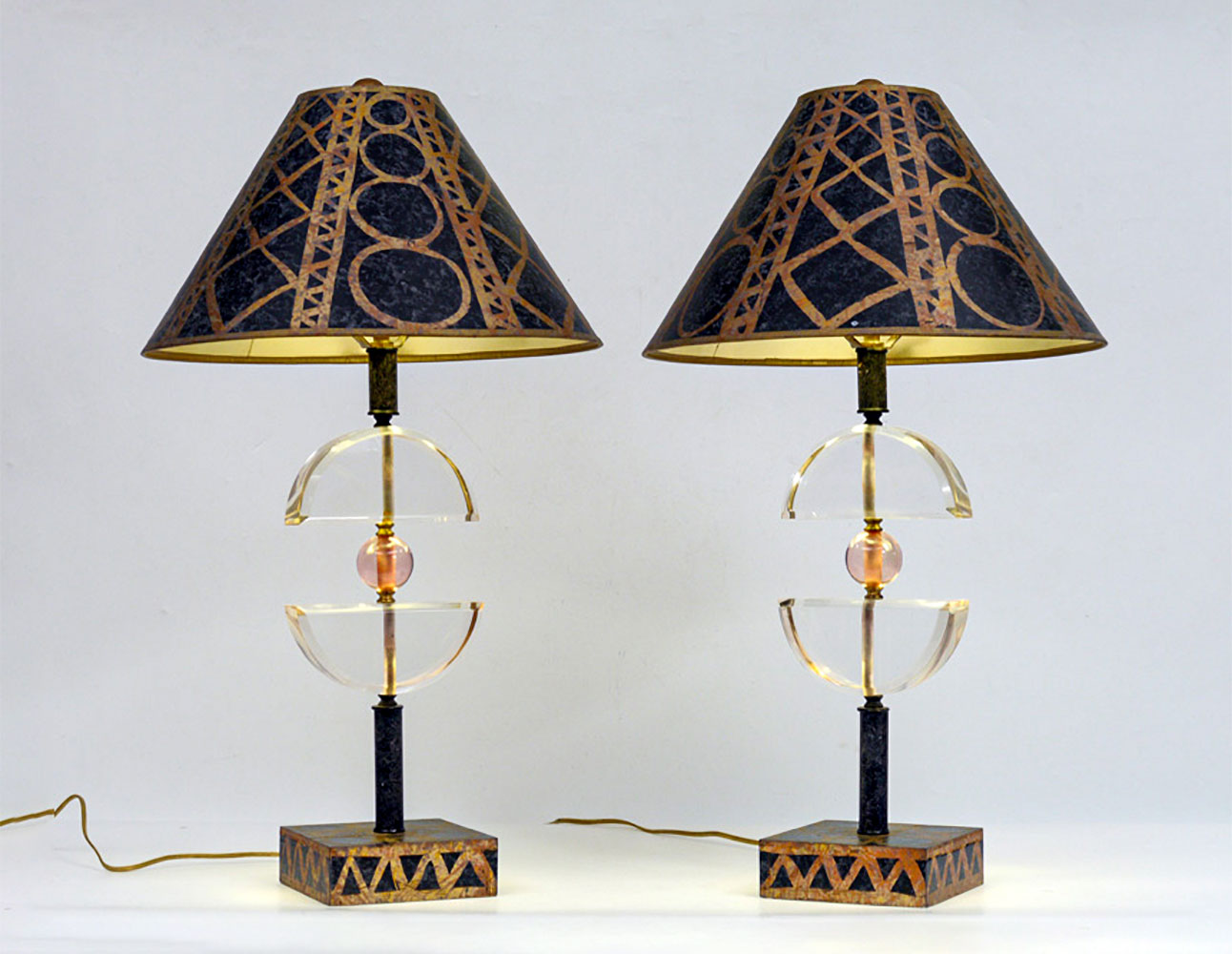 Appraisal: PAIR LUCITE WOOD LAMPS Painted wood bases shaped metal and