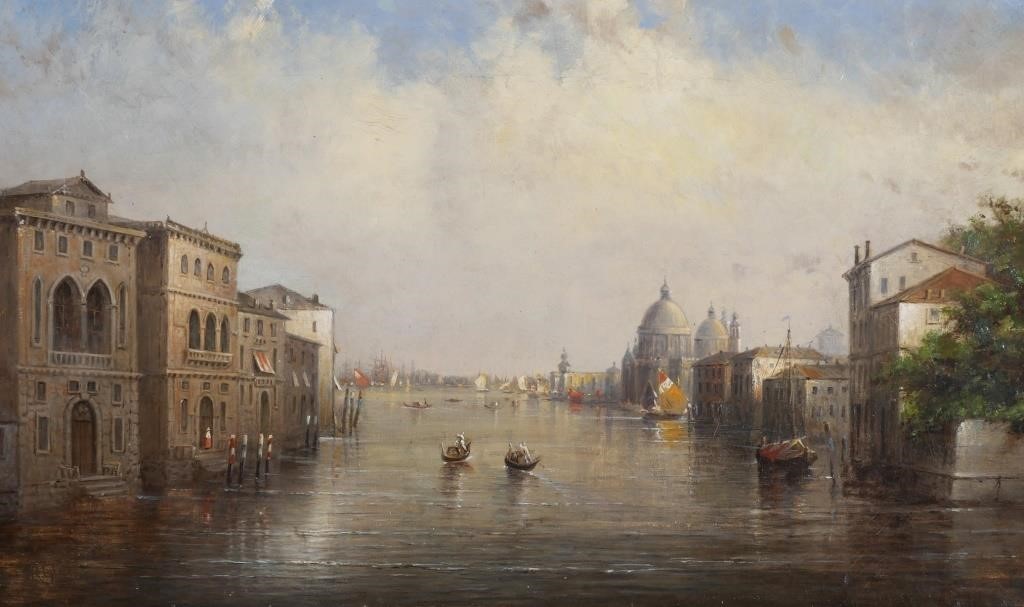 Appraisal: Oil on canvas painting of an Italian harbor or canal