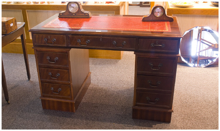 Appraisal: Modern Pedestal Writing Desk Red Leather Inset Top Three Drawers