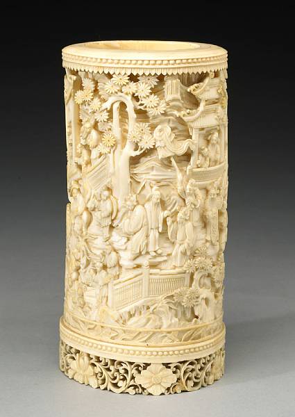 Appraisal: An ivory brush pot th Century Of cylindrical section carved