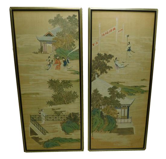 Appraisal: Pair Chinese watercolors on silk early th C depicts figures