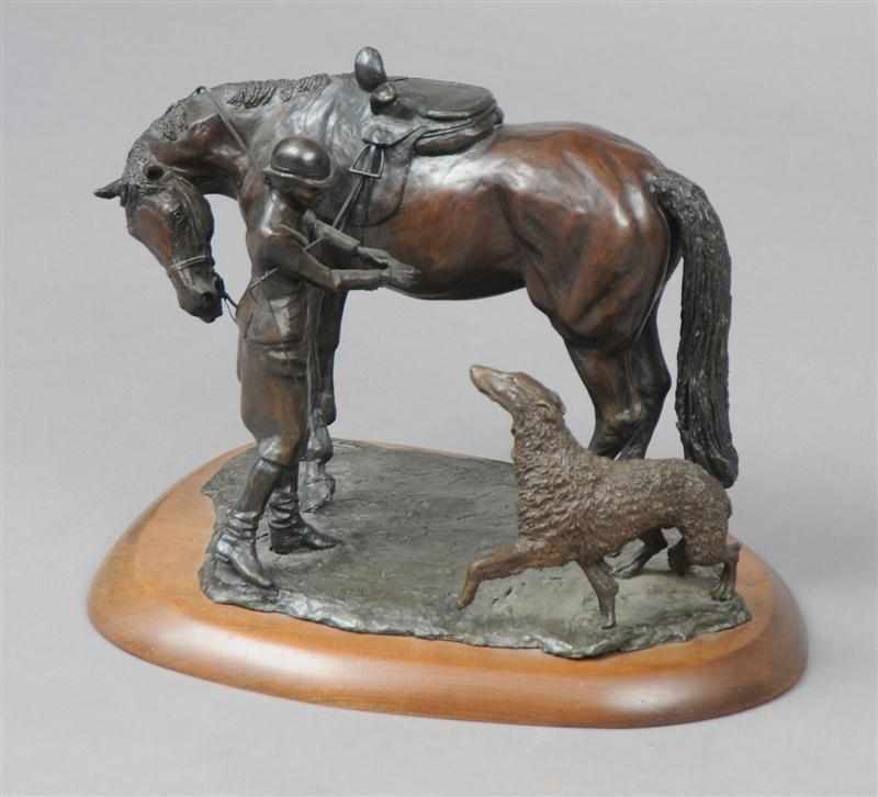 Appraisal: PEGGY KAUFFMAN HORSE RIDER AND HOUND Bronze signed P Kauffman