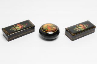 Appraisal: Russian Lacquer Trinket Boxes Russian lacquer trinket boxes three th