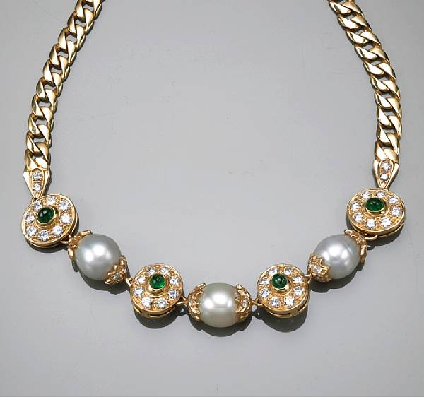 Appraisal: A cultured pearl emerald and diamond necklace cultured pearls measuring