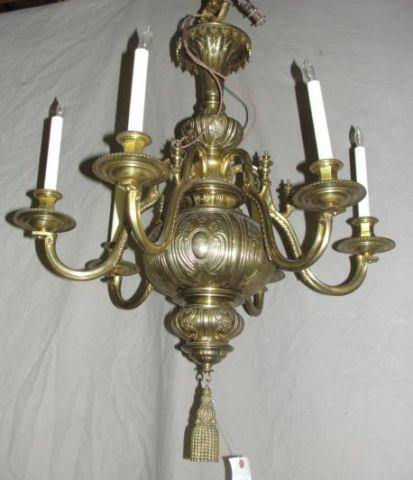 Appraisal: Dutch Style Heavy Brass Arm Chandelier with Tassel Drop From