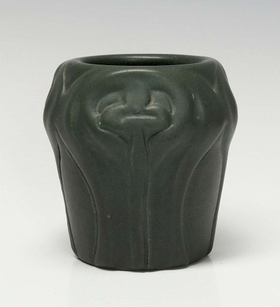 Appraisal: A MATTE GREEN VAN BRIGGLE VASE DATED The early carved