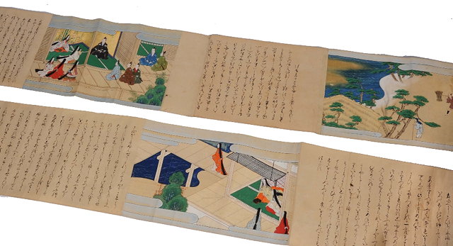 Appraisal: A PAIR OF MONOGATARI SCROLLS depicting figures in various interior