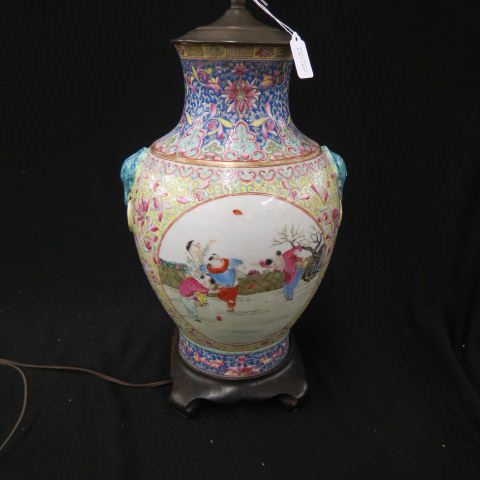 Appraisal: Chinese Famille Rose Style Porcelain Lamp children at play body