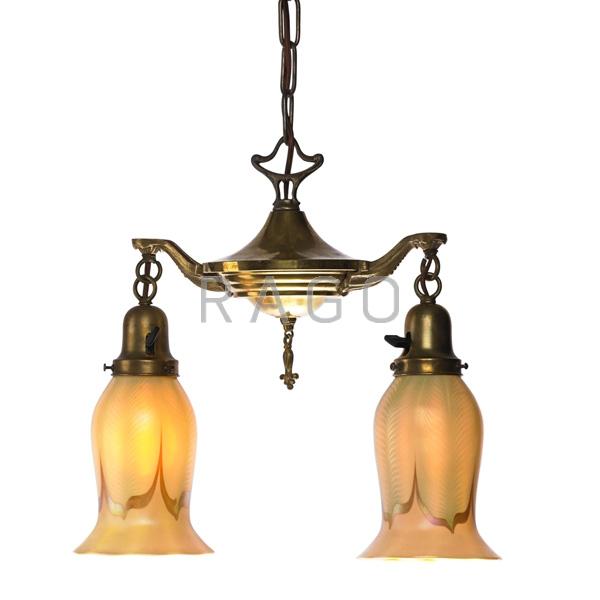 Appraisal: QUEZAL Two-light hanging fixture Condition Report Several minute flecks to