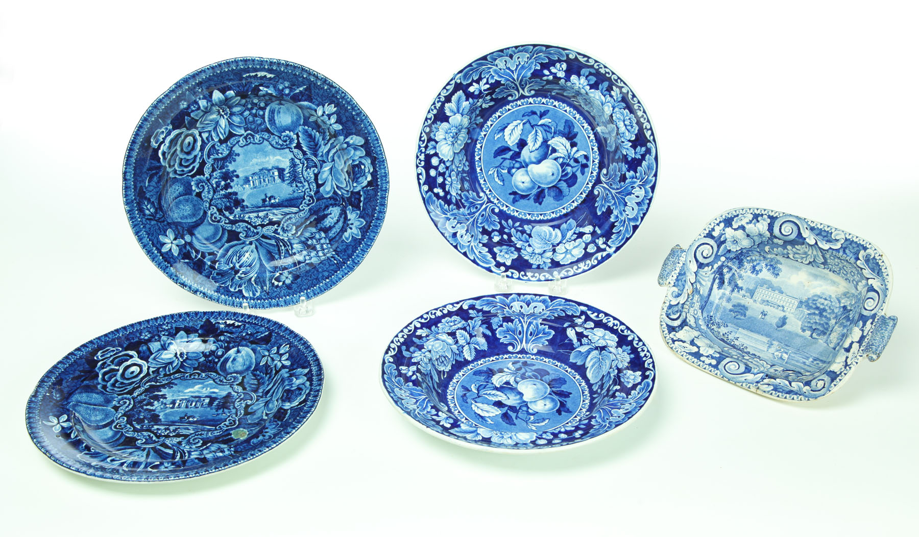 Appraisal: FIVE PIECES OF HISTORIC BLUE STAFFORDSHIRE England nd quarter- th