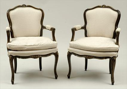 Appraisal: Pair of Louis XV-Style Stained and Parcel-Gilt Carved Beechwood Fauteuils