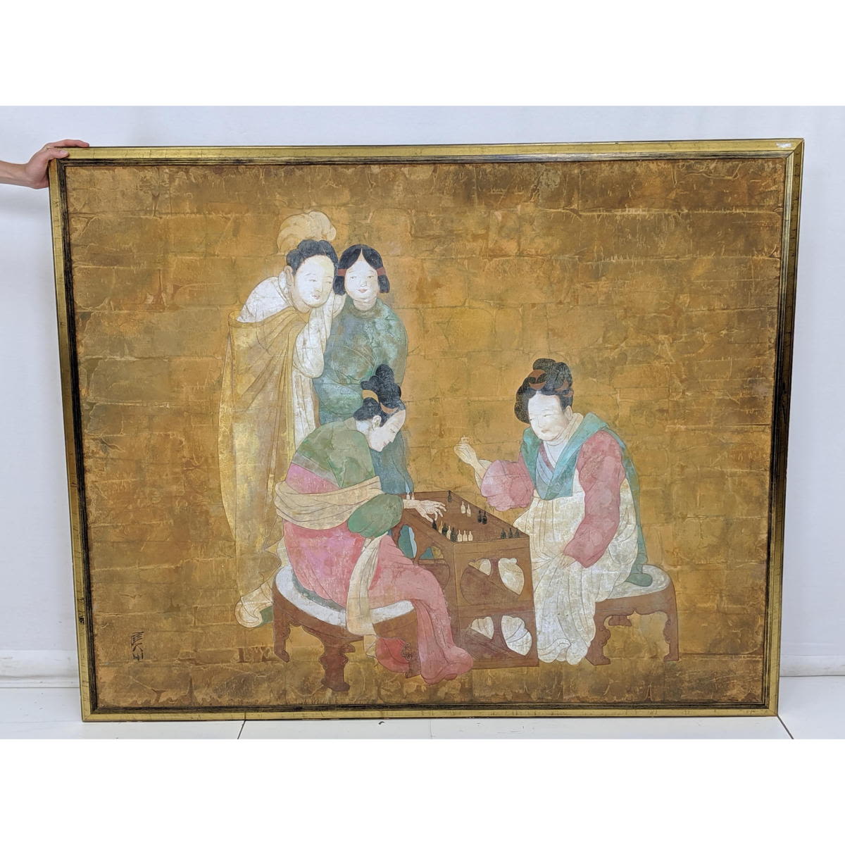 Appraisal: Lg Asian Pastel Figural Painting on Board Four women playing