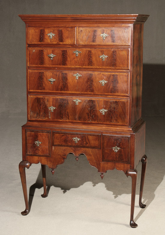 Appraisal: Queen Anne Feather Crossbanded and Matchbook Flame Walnut Veneered Highboy