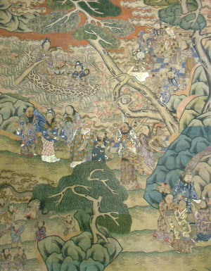 Appraisal: An Oriental Scroll Painting depicting dignitaries and attendants gathered in