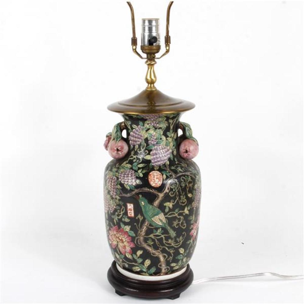 Appraisal: CHINESE FAMILLE NOIR PORCELAIN VASE MOUNTED AS A LAMP WITH