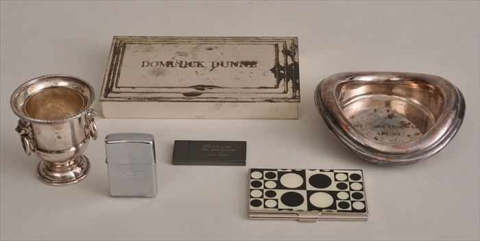 Appraisal: SILVERPLATE CIGARETTE BOX Engraved Dominick Dunne Together with a silverplate