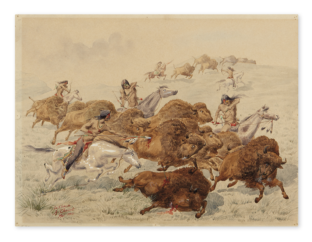 Appraisal: AMERICAN INDIANS--ART Chanut Alfred Painting of a buffalo hunt Watercolor