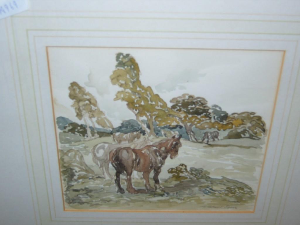 Appraisal: A small watercolour of horses in an open field with