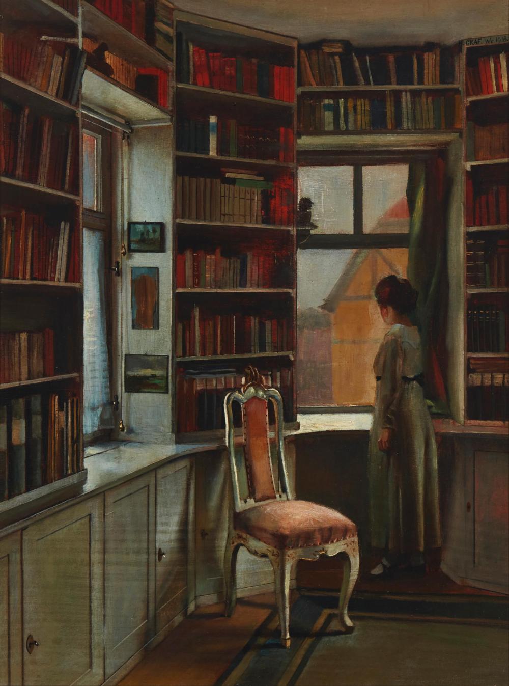 Appraisal: Hermann Graf - Germany Figure in a library Oil on