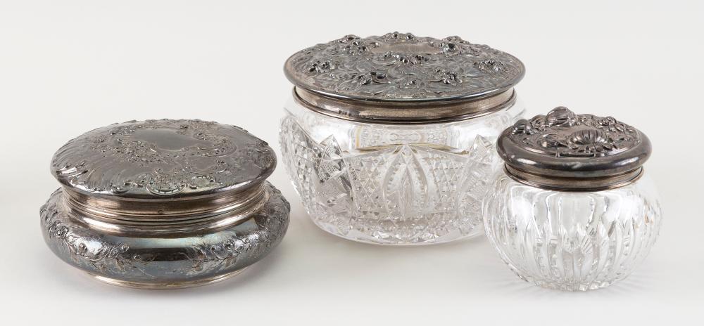 Appraisal: THREE DRESSER JARS APPROX TOTAL TROY OZ WEIGHABLETHREE DRESSER JARS