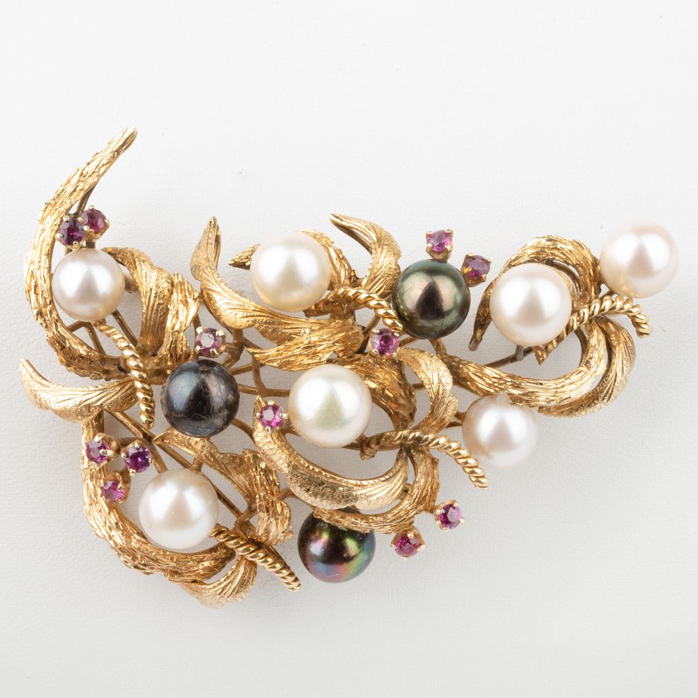 Appraisal: Floral Brooch Set with Pearls and Pink Sapphires Marked '