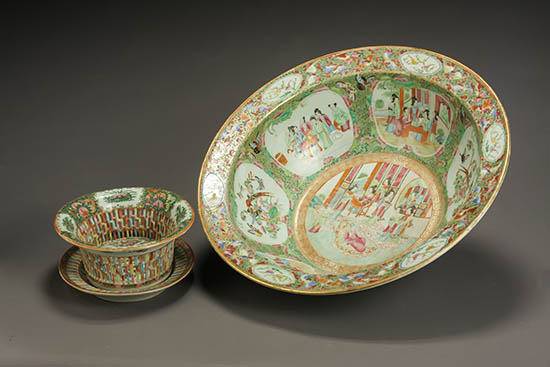 Appraisal: Chinese Export 'Rose Medallion' Basin and a Reticulated Oval Fruit