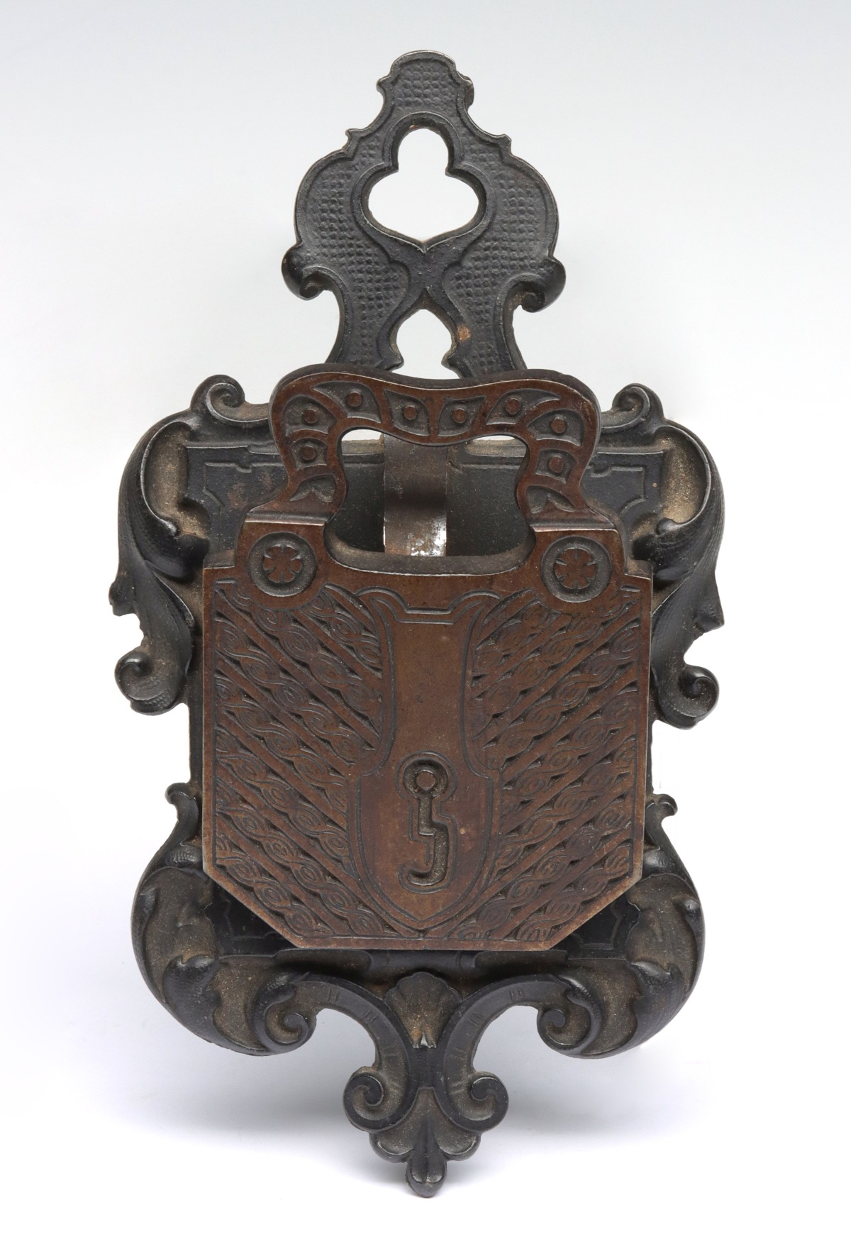 Appraisal: UNUSUAL FIGURAL PADLOCK LETTER CLIP - Two colors of patinated