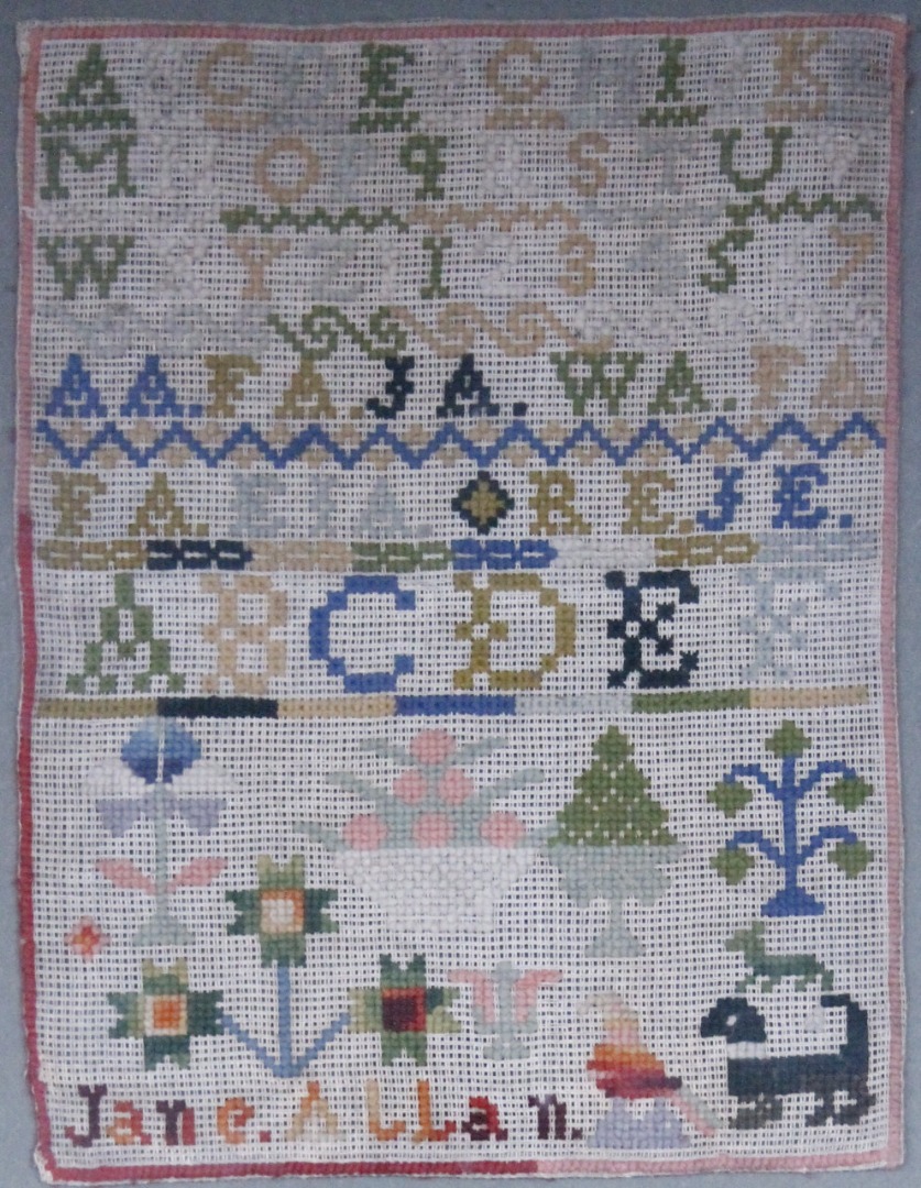 Appraisal: A thC pictorial and alphabetic sampler by Jane Allan decorated