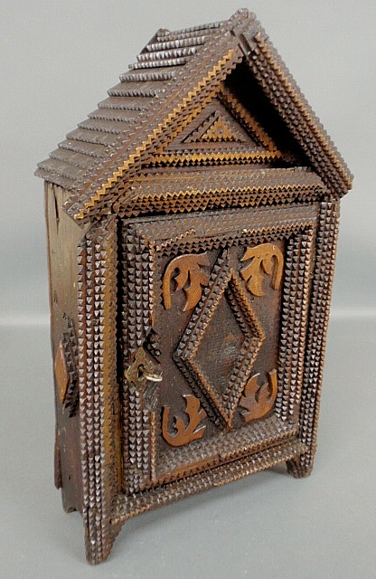 Appraisal: - Small Gothic form Tramp Art tabletop cupboard h x