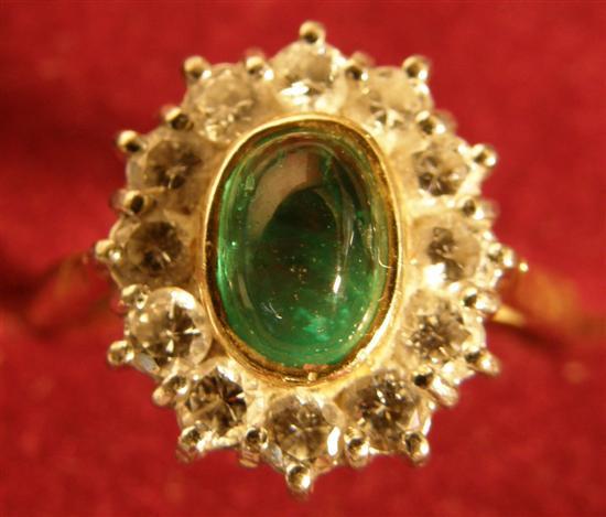 Appraisal: Cabochon emerald and diamond cluster ring with hallmarked ct gold