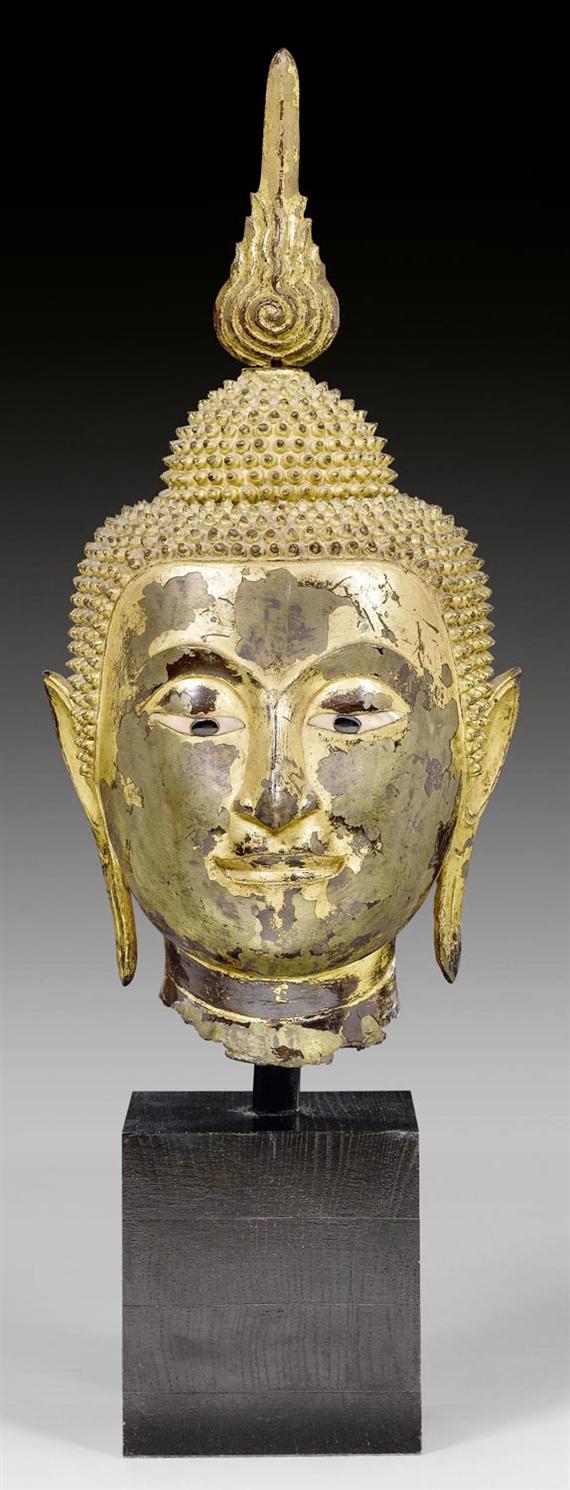 Appraisal: A GOLD LACQUERED BRONZE HEAD OF BUDDHA Thailand Ayutthaya th