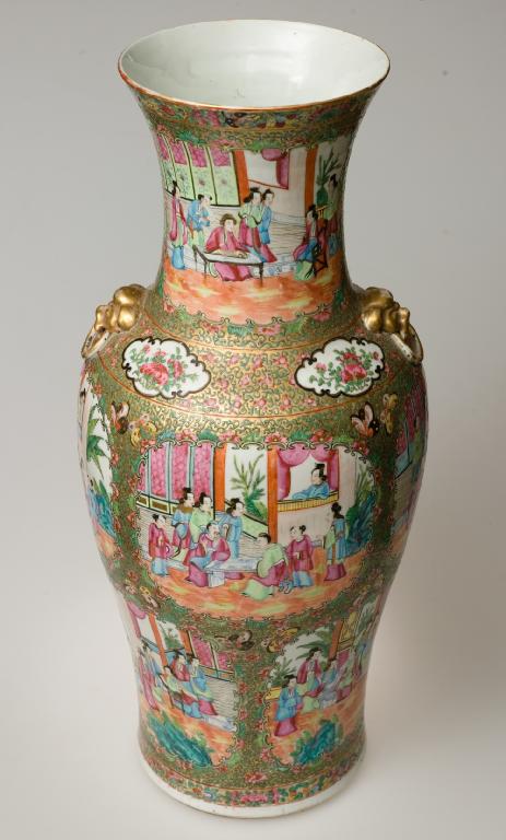 Appraisal: LARGE CANTON FAMILLE ROSE BALUSTER VASE th CENTURY characteristically painted