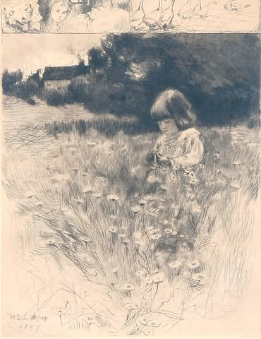 Appraisal: Etching of a young girl among flowers x signed in