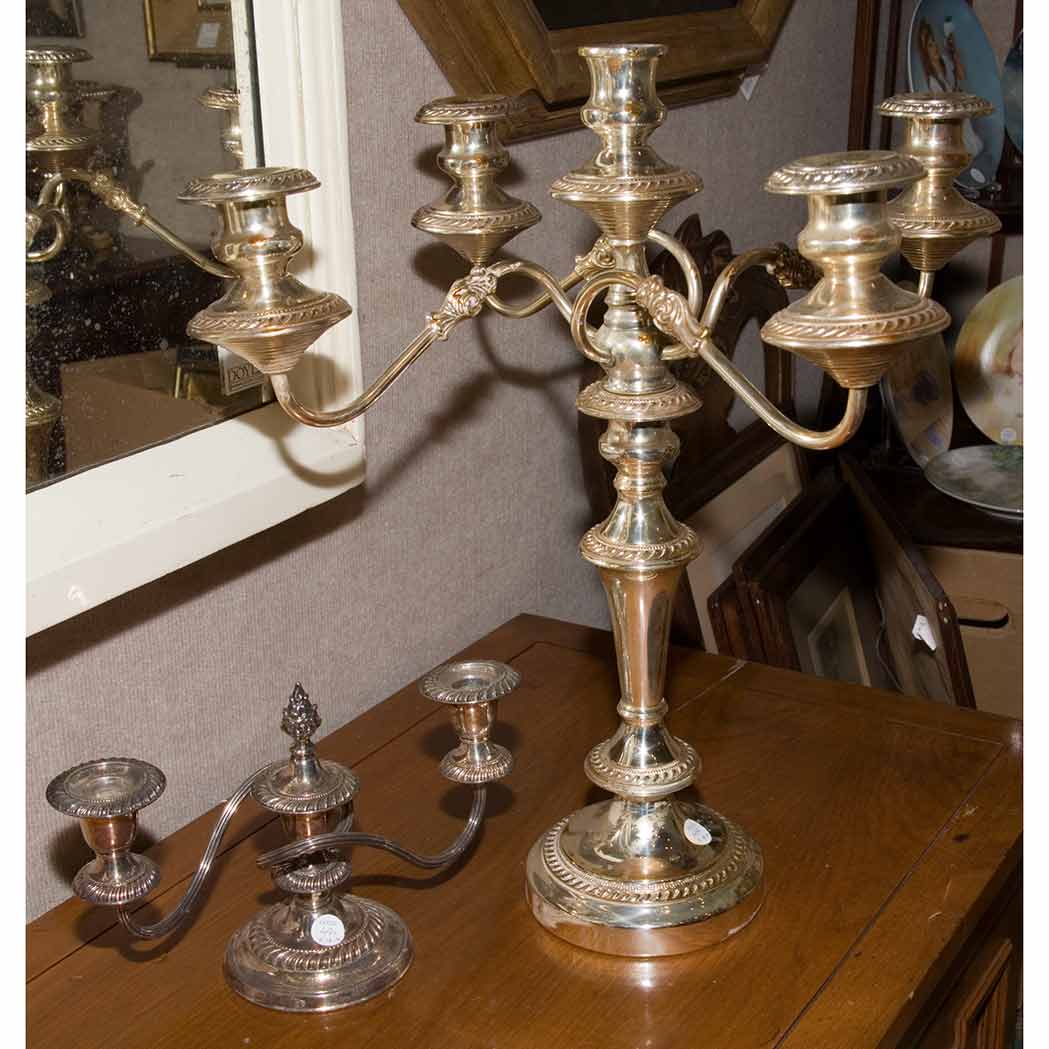 Appraisal: Set of Three English Silver Plated Five-Light Candelabra Together with